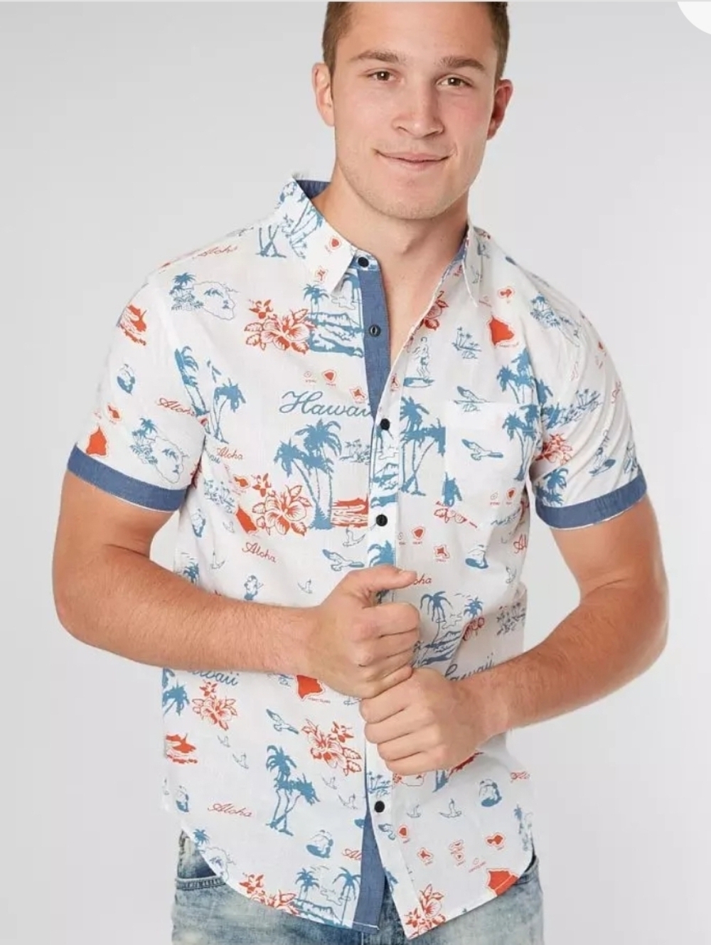 Birch Black White Hawaiian Aloha Short Sleeve Cotton Button Down Shirt Small